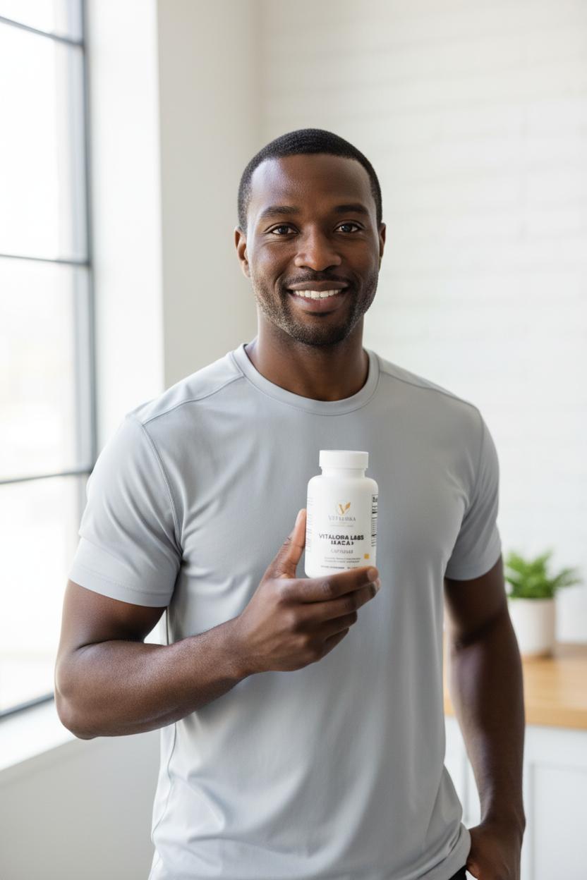 Black man holding VITALORA MACA+